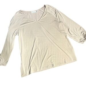 Susan Graver Top XL Long Sleeve V Neck Beige Blouse Elegant Casual Womens‎